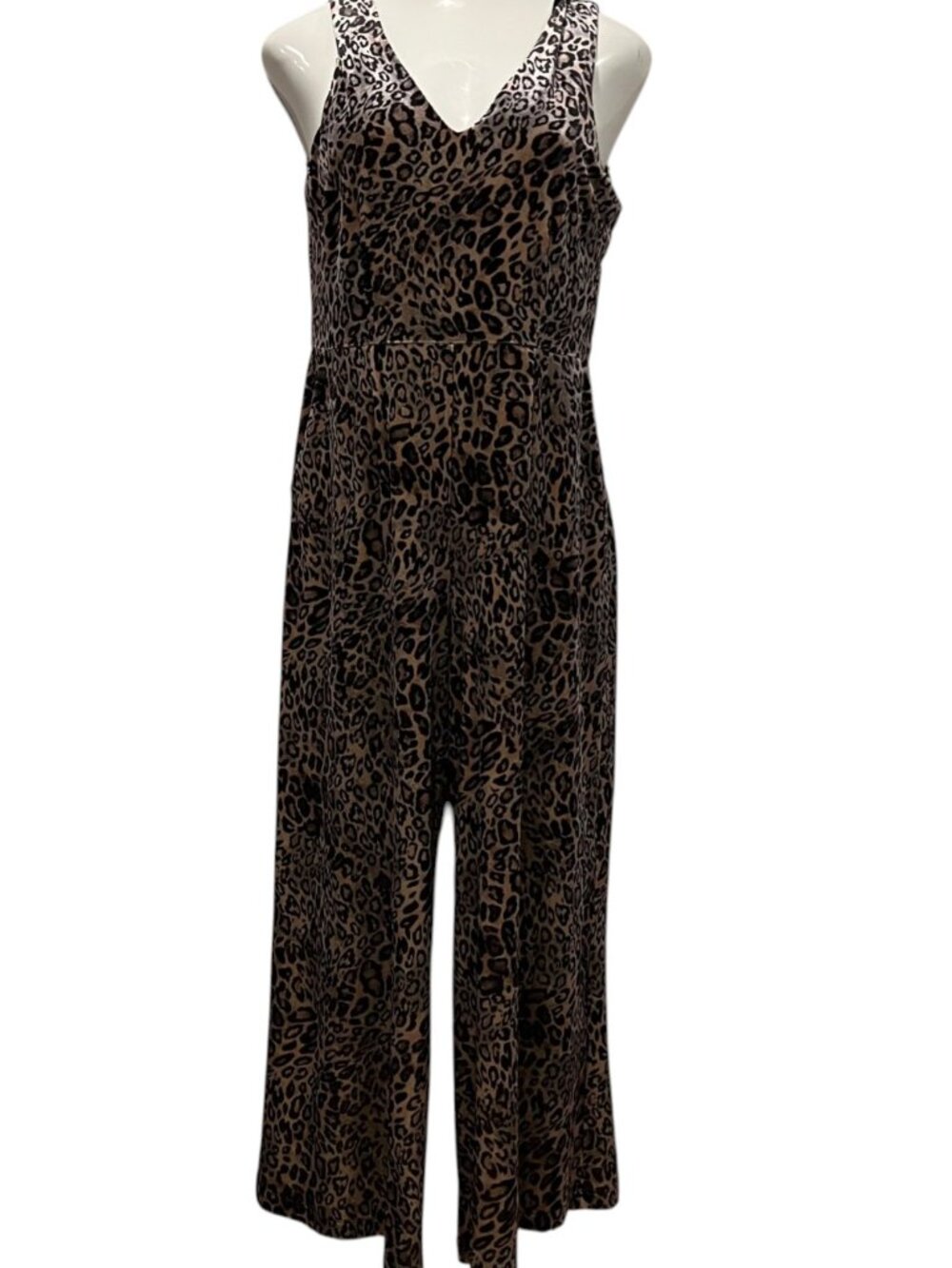 Mystree Leopard Velvet Sleeveless Wide Leg Jumpsuit, L